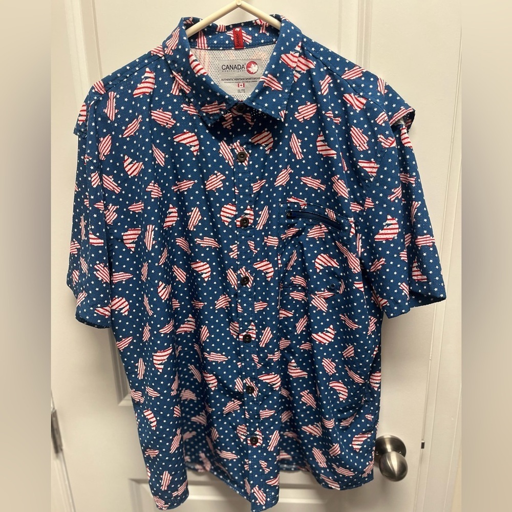 CANADA AUTHENTIC HERITAGE SPORTSWEAR Button up SZ XXL red white & blue fish star